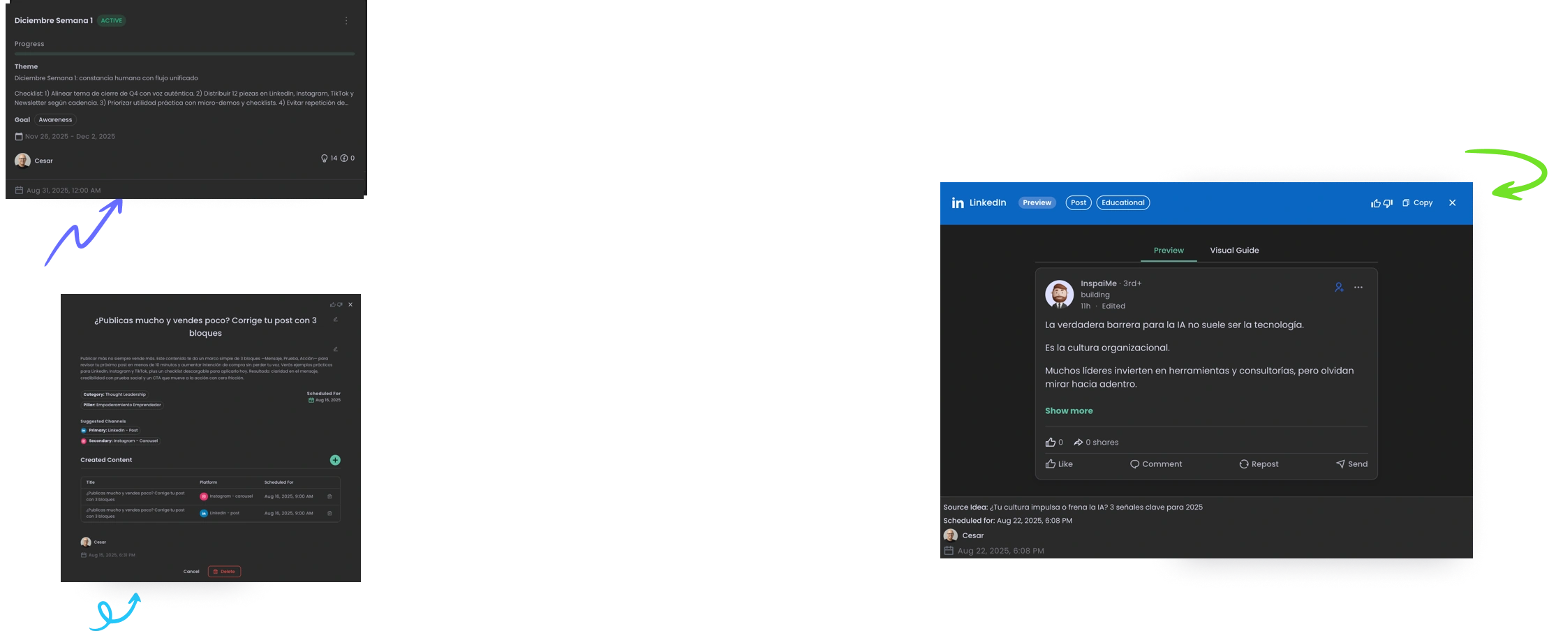 Elementos de interfaz de InspaiMe - Herramientas de marketing de contenido