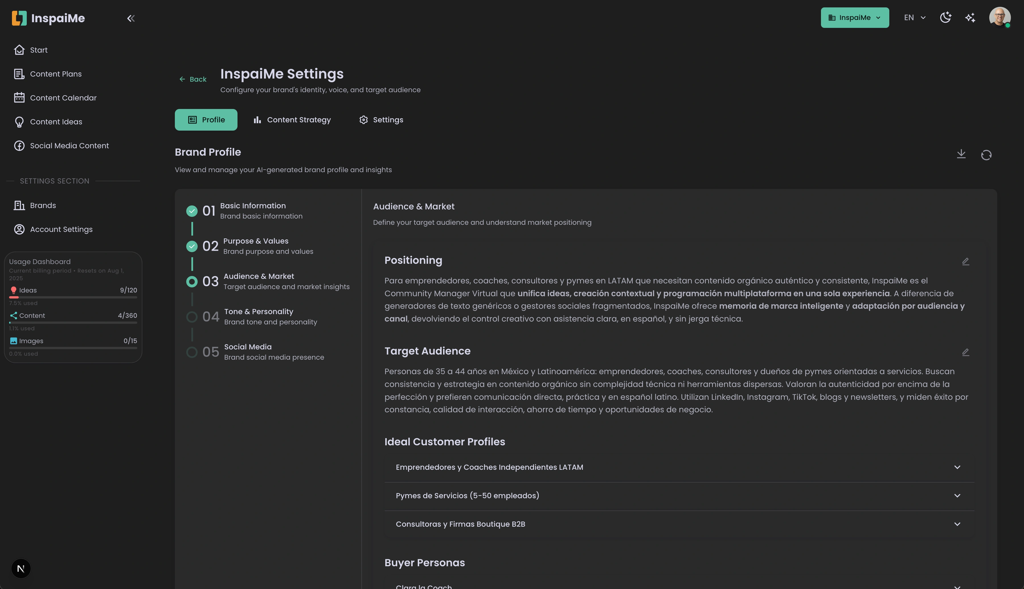 InspaiMe dashboard - Build your online presence without becoming a marketer - Interfaz de creación de contenido con IA
