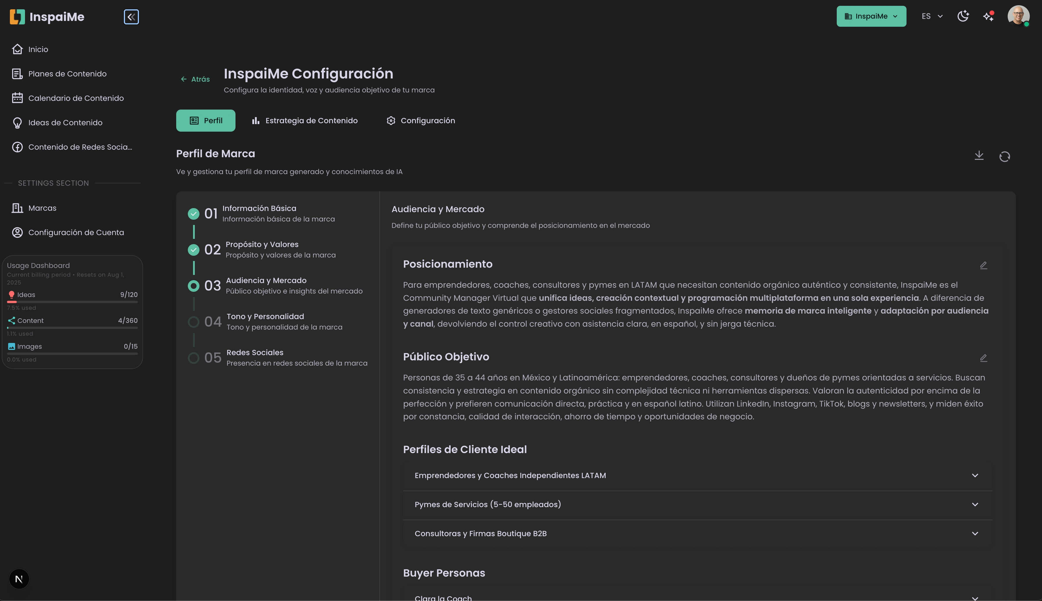 InspaiMe dashboard - Construye tu presencia en redes sin volverte marketer - Interfaz de creación de contenido con IA